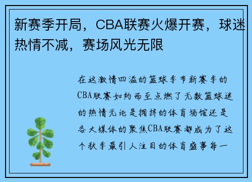 新赛季开局，CBA联赛火爆开赛，球迷热情不减，赛场风光无限